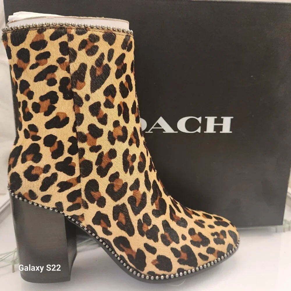 COACH Brown Drea Beadchain Leopard Block Heel Almond Toe Ankle Boots Booties 5 - Picture 4 of 14